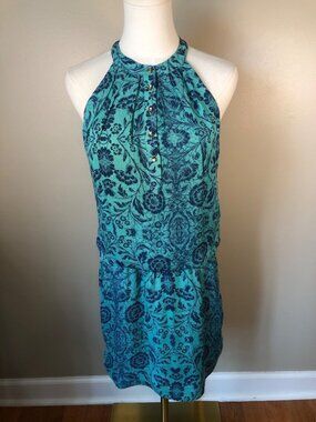 Ali Ro Silk Blouson Halter Teal Dress Boho Resort Wear Luxury Size 0